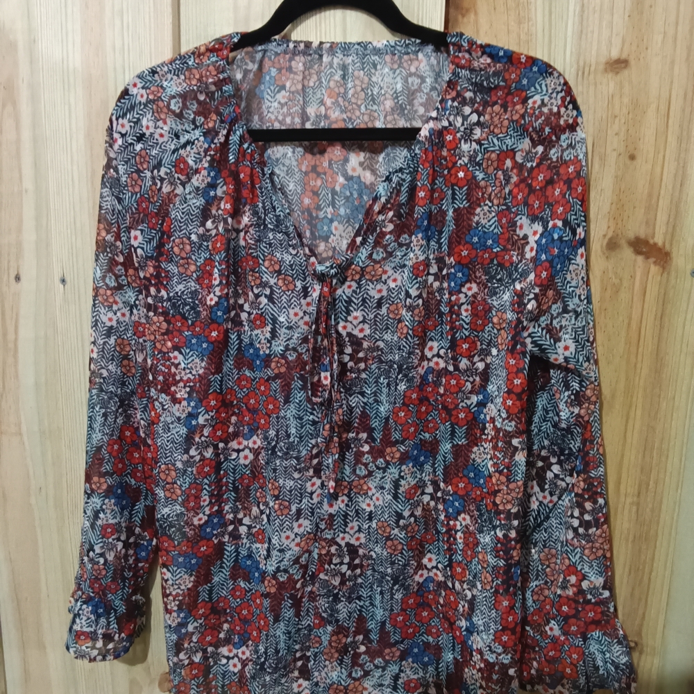 Tie-Neck Floral Long Sleeve Sheer Blouse - Red Multi